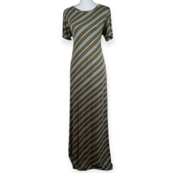 JESSICA SIMPSON MATERNITY MAXI DRESS OLIVE & BLUE STRIPE SZ.L EUC - Picture 1 of 6